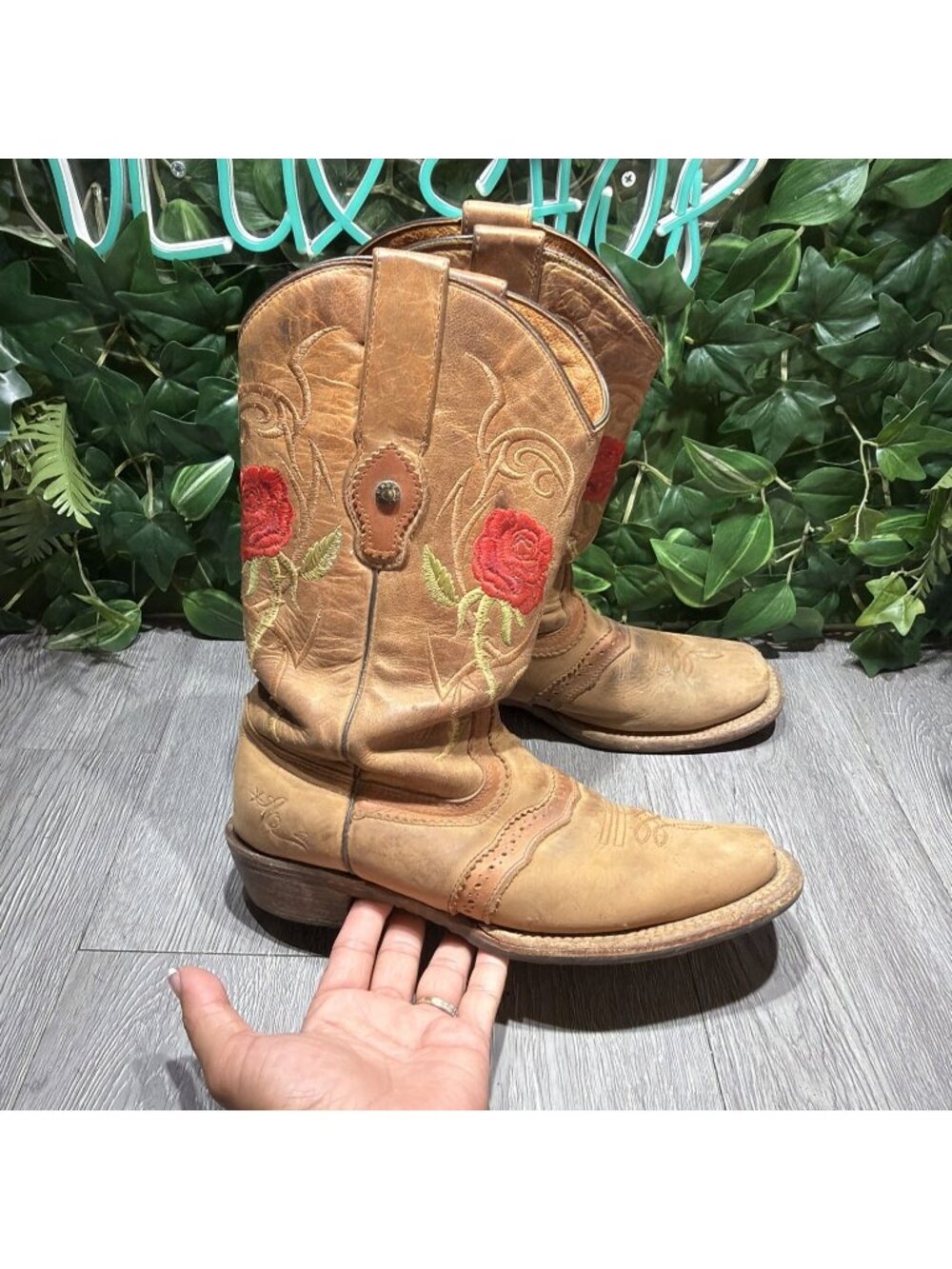 Tombstone Red Rose Embroidery Cowboy Women Brown Leather Boots Size 8.5